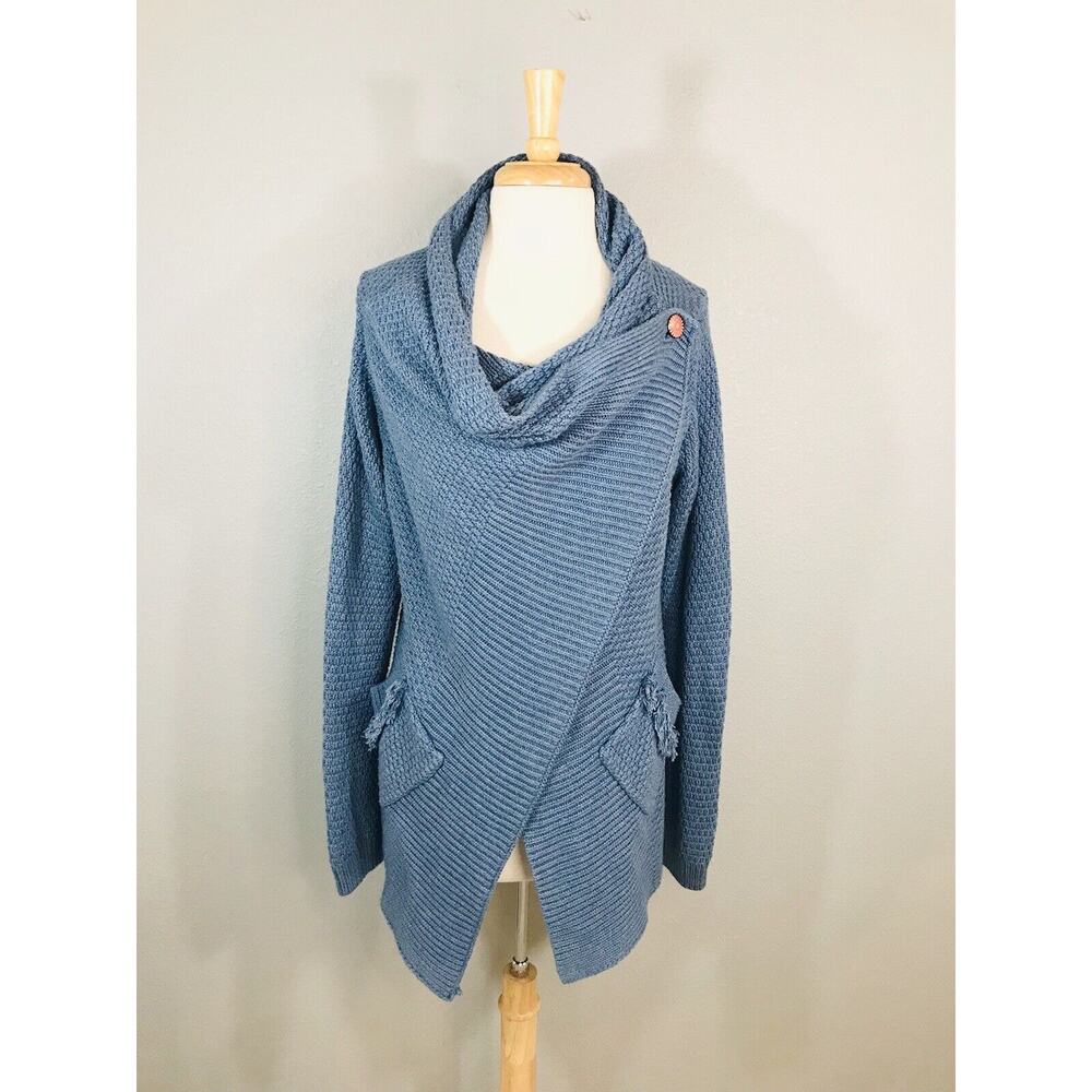 Matilda Jane Cardigan Sweater Asymmetric Cowl Neck Knit Blue Cottagecore, L